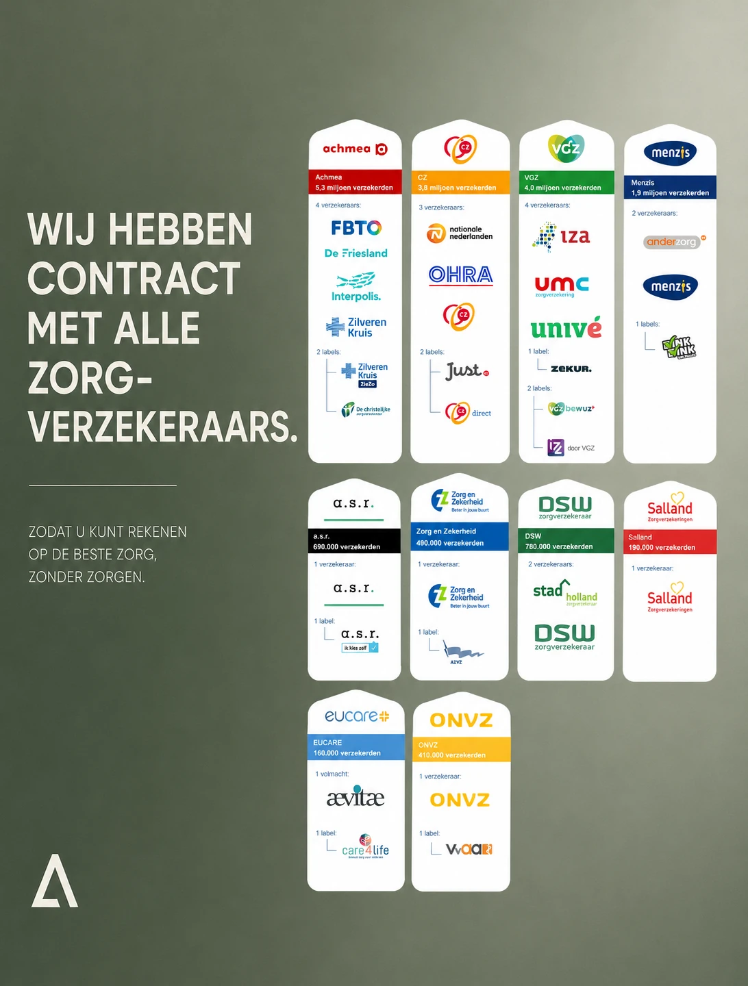 Overzicht van Nederlandse zorgverzekeraars waarmee AlianzaFysio een contract heeft
